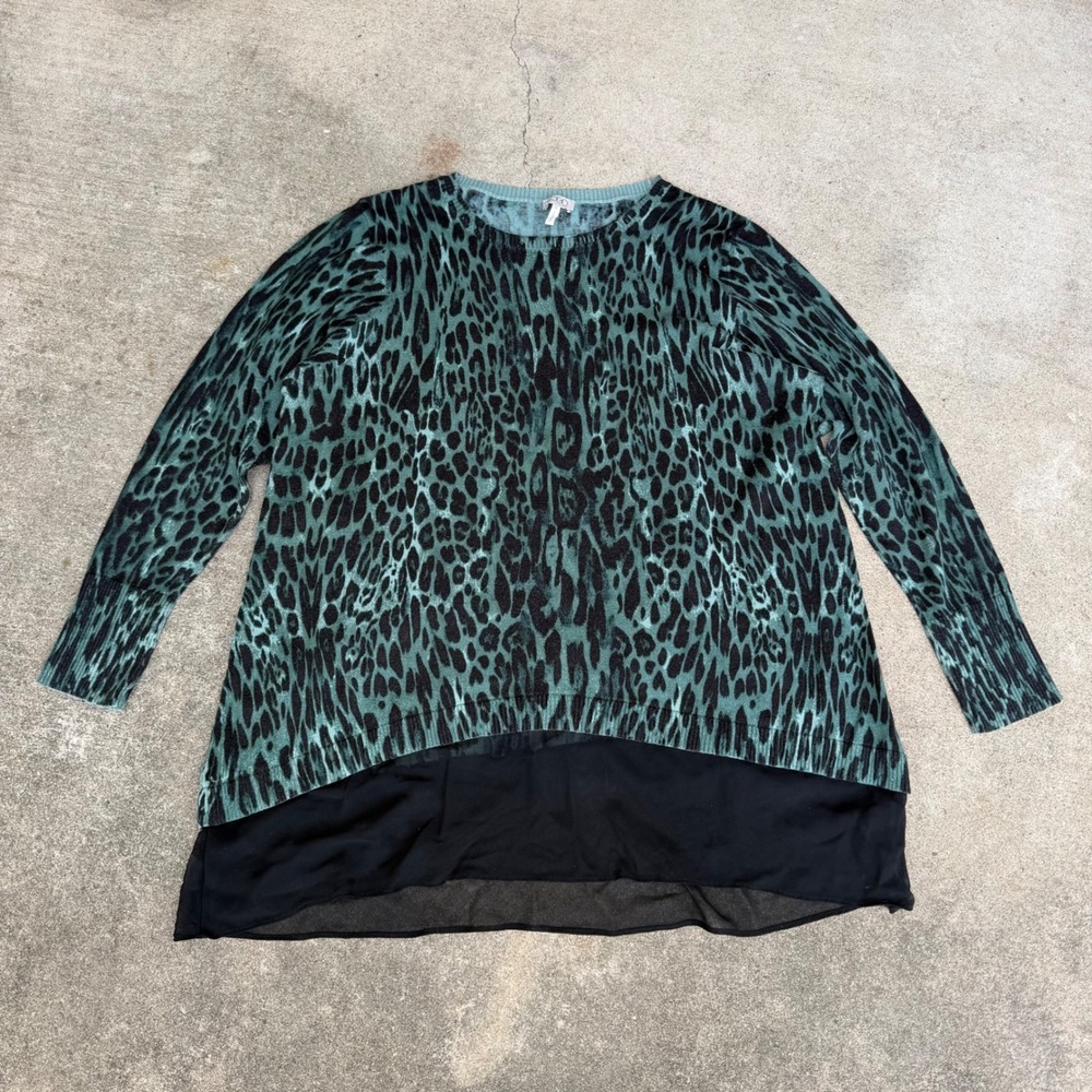 LOGO Lori Goldstein Teal Leopard Print Layered Chiffon Hem Tunic Sweater XL